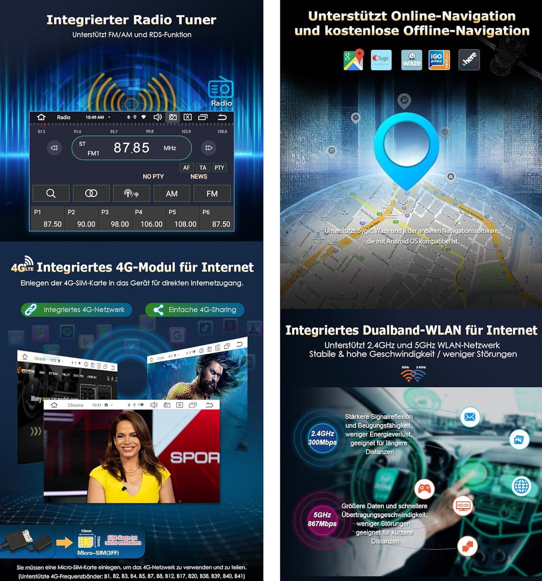 Erisin Acht-Kern 4GB+64GB Android 14 Universal Autoradio 2Din Für Nissan mit GPS Navigation Unterstü