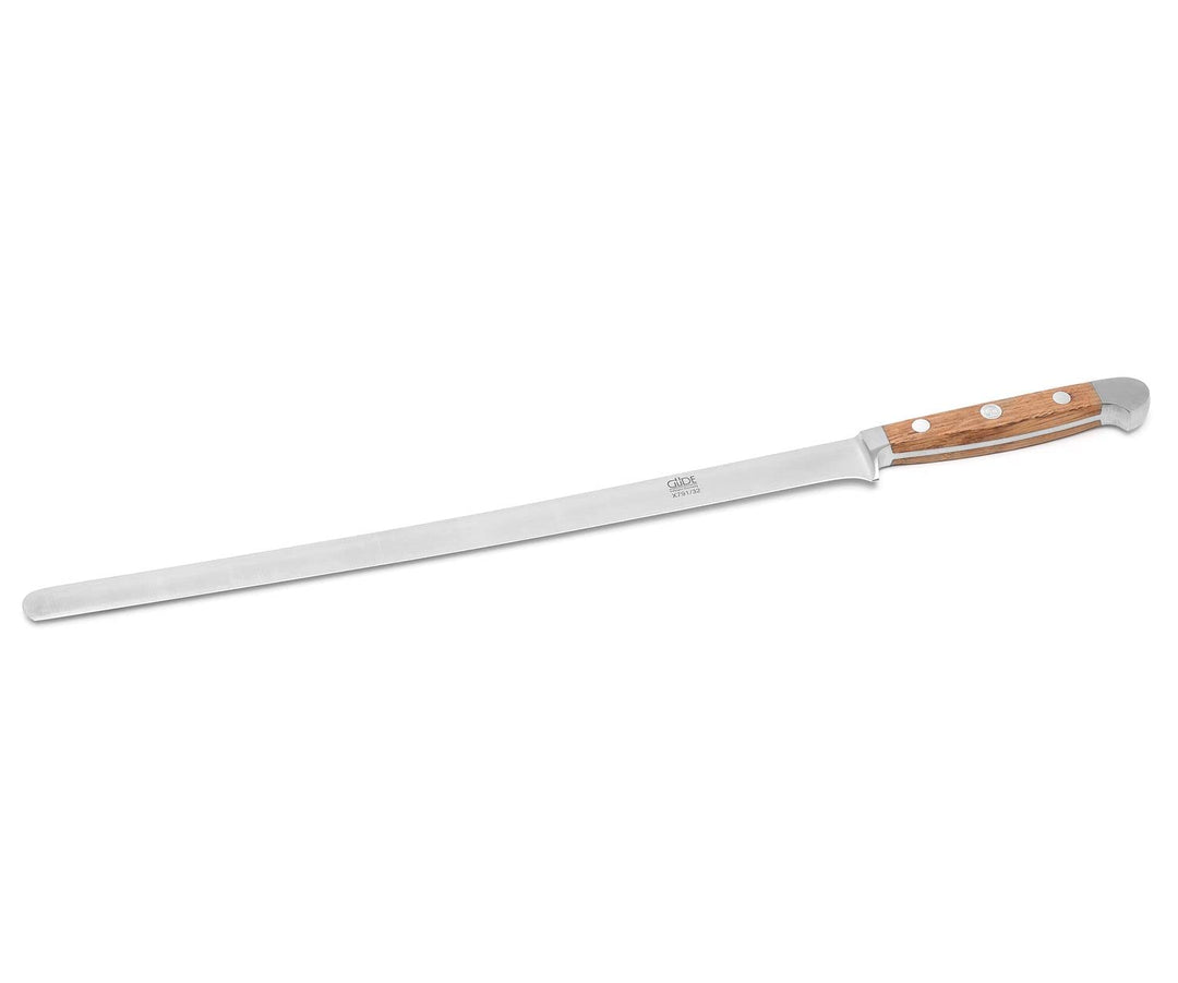 GÜDE Solingen - Lachsmesser geschmiedet, 32 cm, Fasseichenholz, ALPHA FASSEICHE, Doppelkropf, Handma