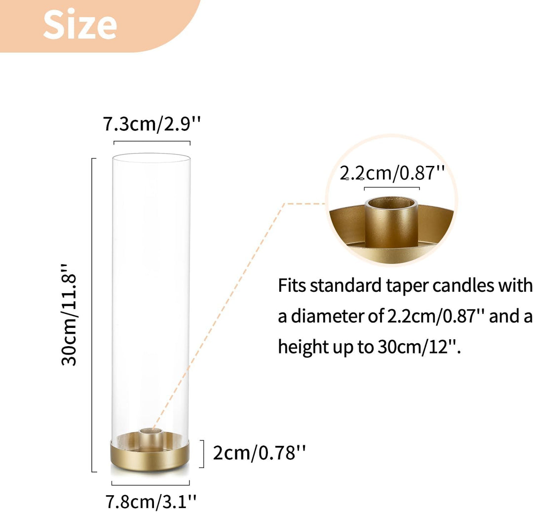 NUPTIO Glaszylinder für Kerzen Kerzenhalter Gold: 30cm Satz von 2 Klarglas Metall Kerzenständer Stab