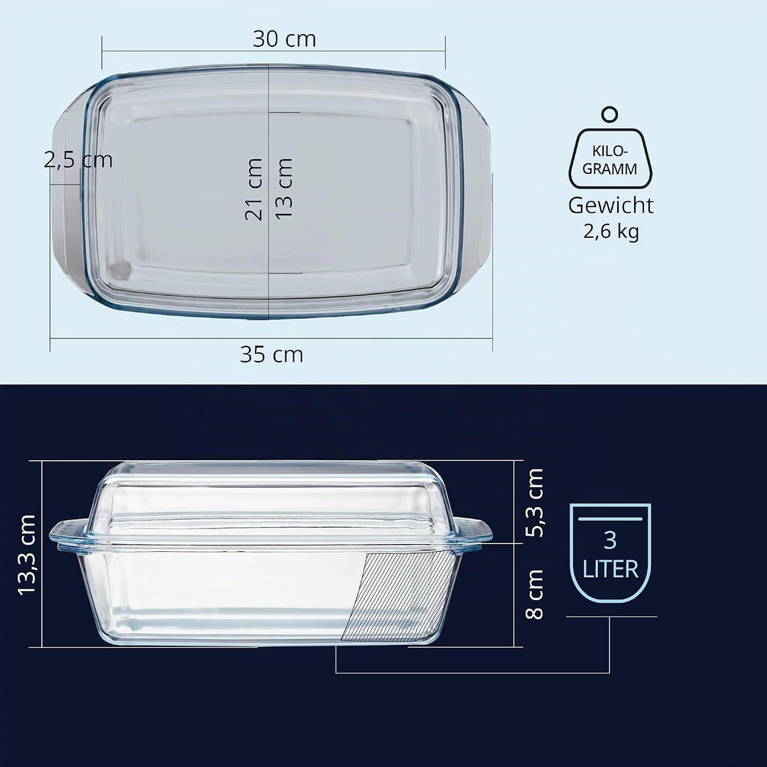 KHG Auflaufformen aus Glas mit Deckel 2er Set 3 Liter Rechteckig für kalte &amp; warme Speisen, spülmasc