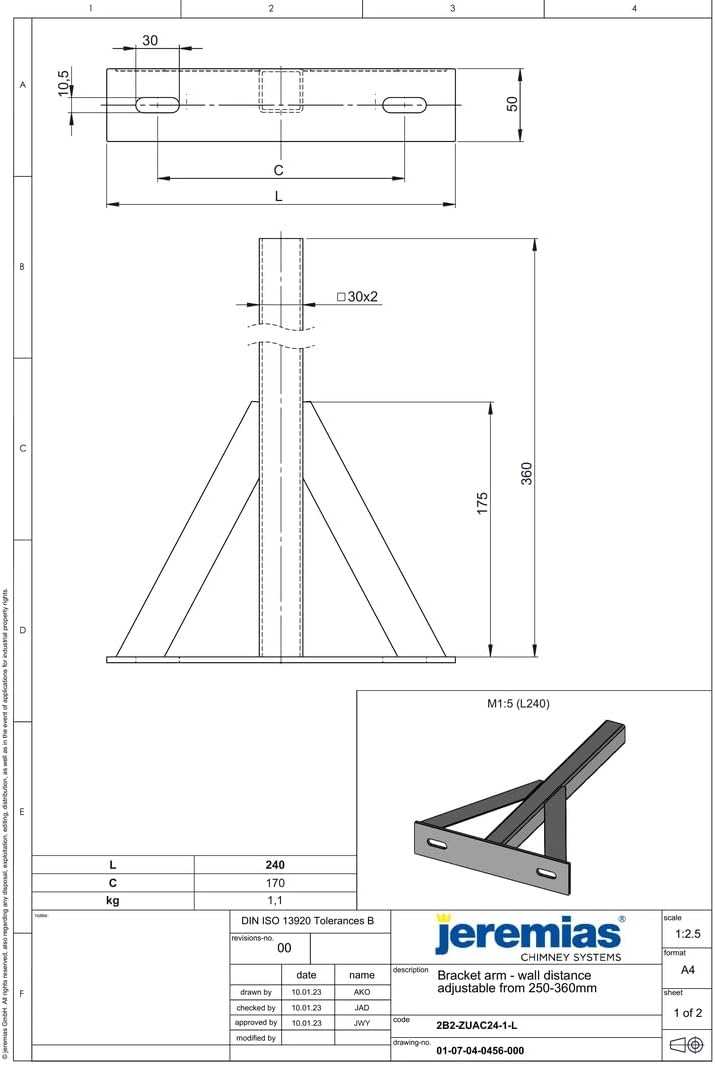 Jeremias DW-FU Wandhalter 150mm verstellbar 250-360mm Edelstahl Abgassystem doppelwandig einarmig