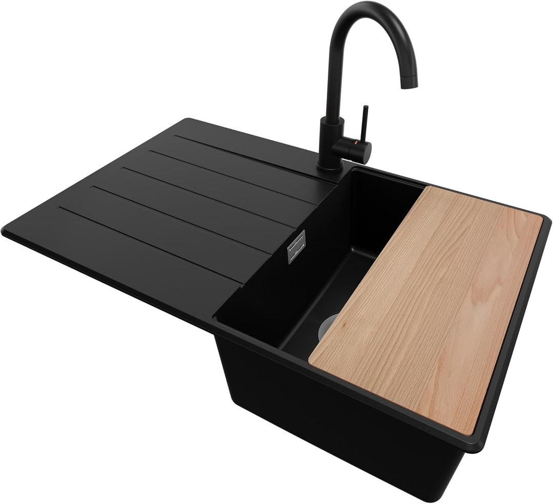 Spülbecken Schwarz 78x50 cm, Granitspüle + Ablauf-Set + Küchenarmatur 5000, Küchenspüle für 45er Unt