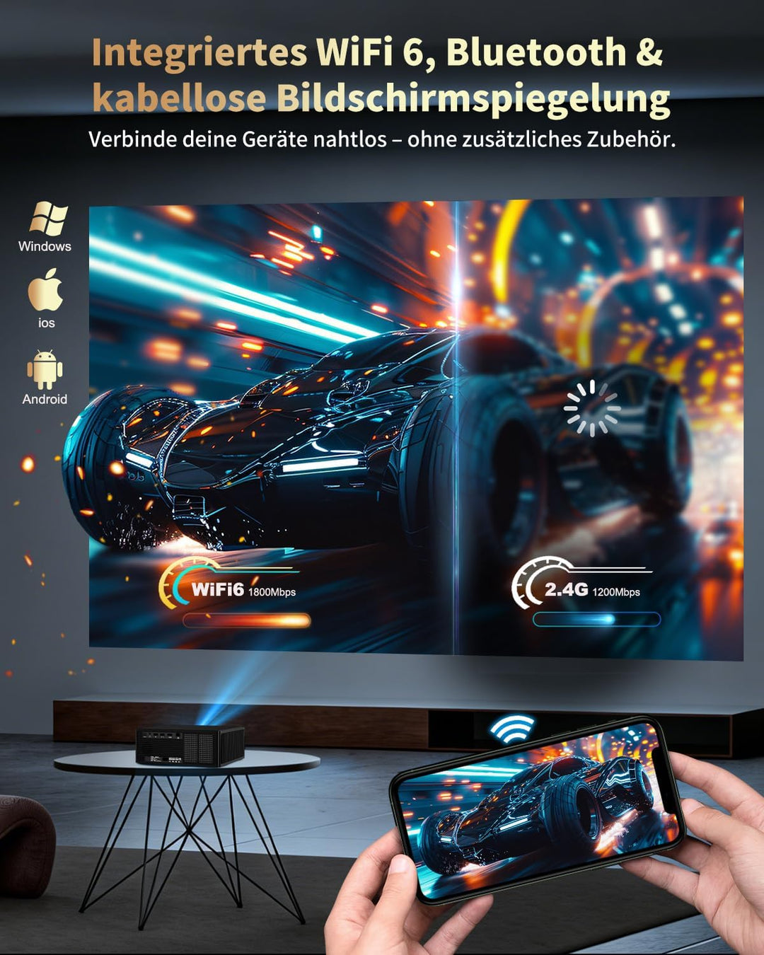 Projektor, Dess 4K-Projektor mit WLAN und Bluetooth, 1080 P nativ, Laser mit Autofokus-Keystone, für