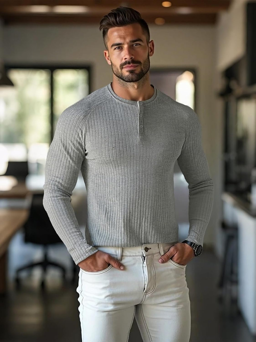 Muscle Cmdr Muscle Henley Shirt Herren Langarm, Slim-fit Langarmshirt, Freizeit T-Shirt aus Baumwoll