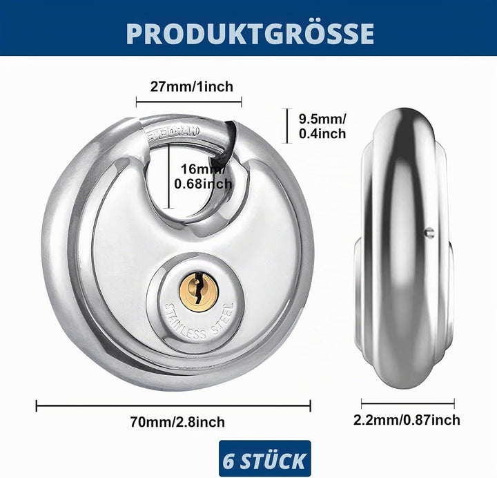 6 Stück 70mm Vorhängeschloss mit Schlüssel, Diskusschloss aus Edelstahl, Gleichschliessende Vorhänge