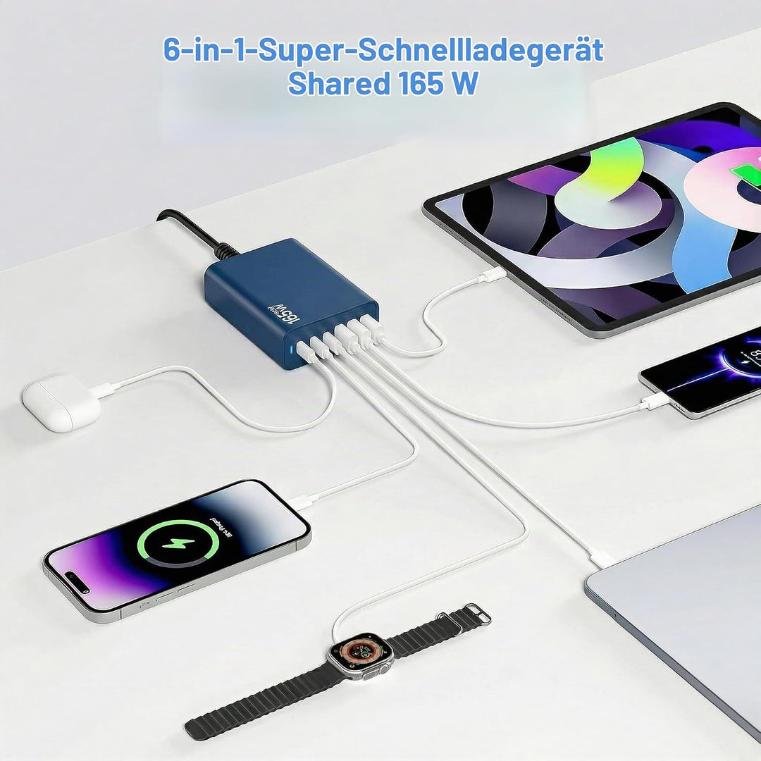6 Ports Ladestation Schnellladegerät, 165W USB C Schnelllade Netzteil, PD Power GaN Ladegerät kompat
