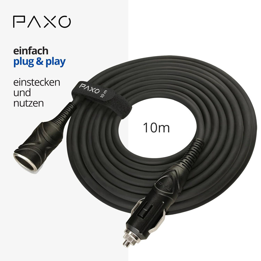 PAXO 10m KFZ Verlängerungskabel 12V, Verlängerung, 15A Sicherung, Vollgummileitung mit Stecker und B