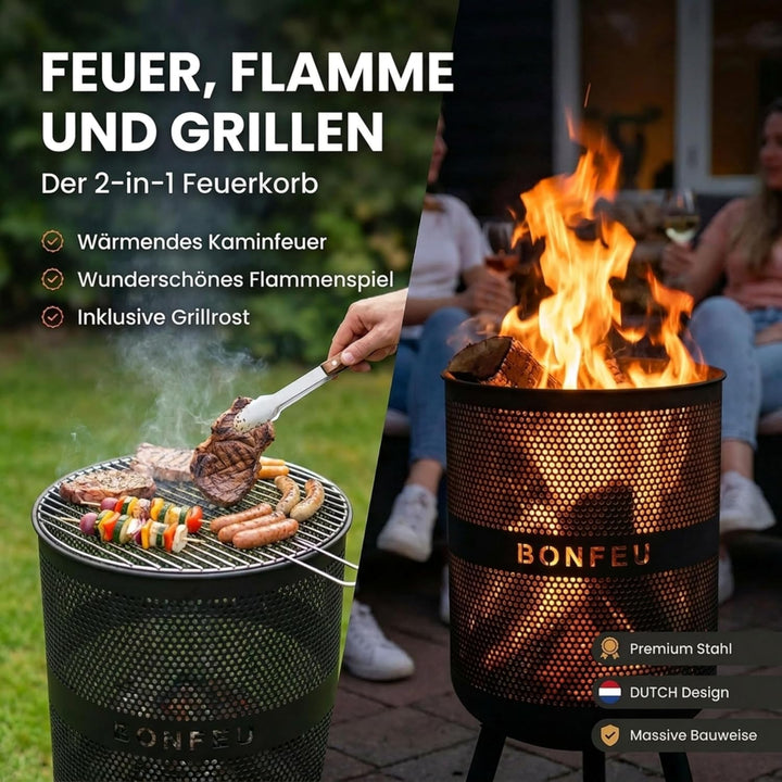 BonFeu Bonves Ø45cm Schwarz - Feuerkorb für den Garten - Feuertonne & Feuerstelle - aus stabilem Sta