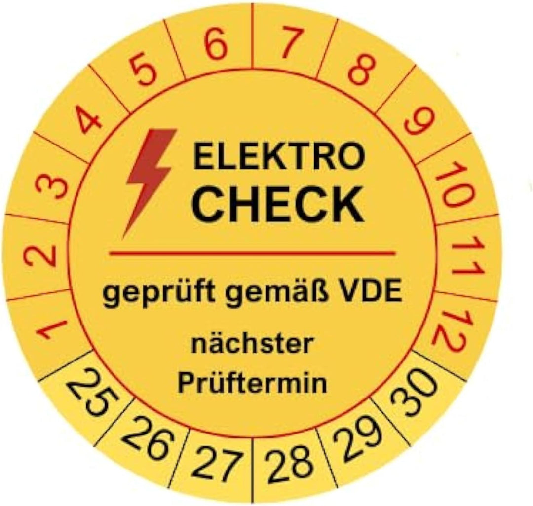 1000 Prüfplaketten Elektrocheck 2024-30mm - nachhaltig - 2025 bis 2023 - gelb - geprüft gemäss VDE -