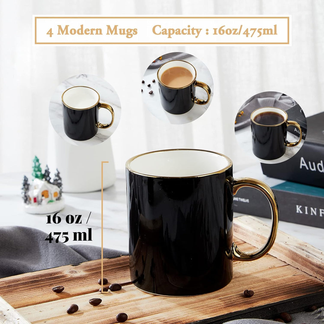 DUJUST Schwarze Kaffeetasse Set von 4(470ml), modernes und stilvolles Design mit handgefertigten gol
