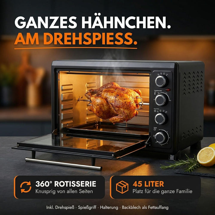 Sommertal Minibackofen 45L | 2000W, Drehspiess, Umluft, 100-230°C, 60min | Hähnchengrill, Konvektion