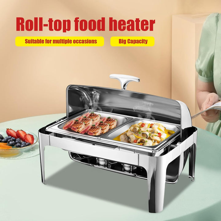 9l Edelstahl Speisenwärmer, Chafing Dish Mit Rolldeckel Speisenwärmer Warmhaltebehälter, Heizplatten