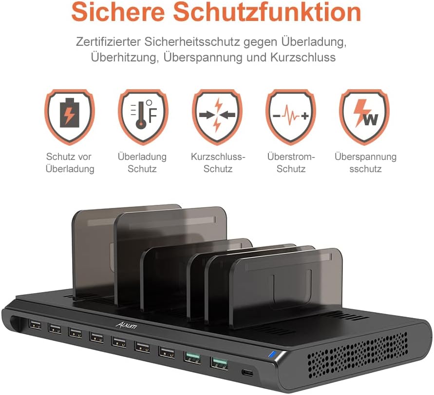 Alxum 120W USB Multi Mobile Ladestation mit QC 3.0 Schnellladung &amp; Typ C-Handy-Ladestation mit 10 An