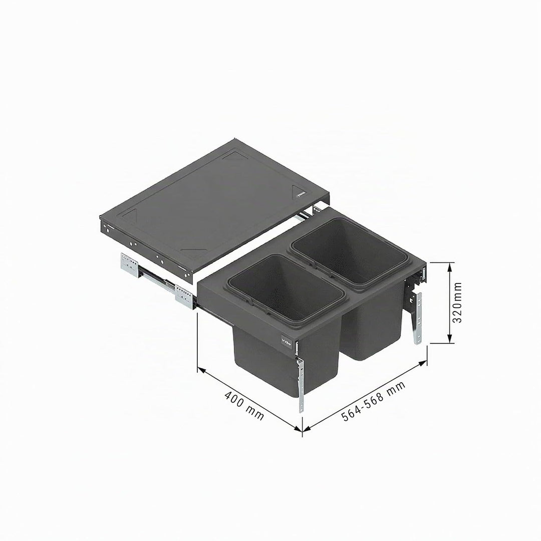Einbau-Mülleimer für 60 cm Schrank SEGREGO 2-fach Abfallsystem mit Deckel Soft-Close &amp; Vollauszug 56