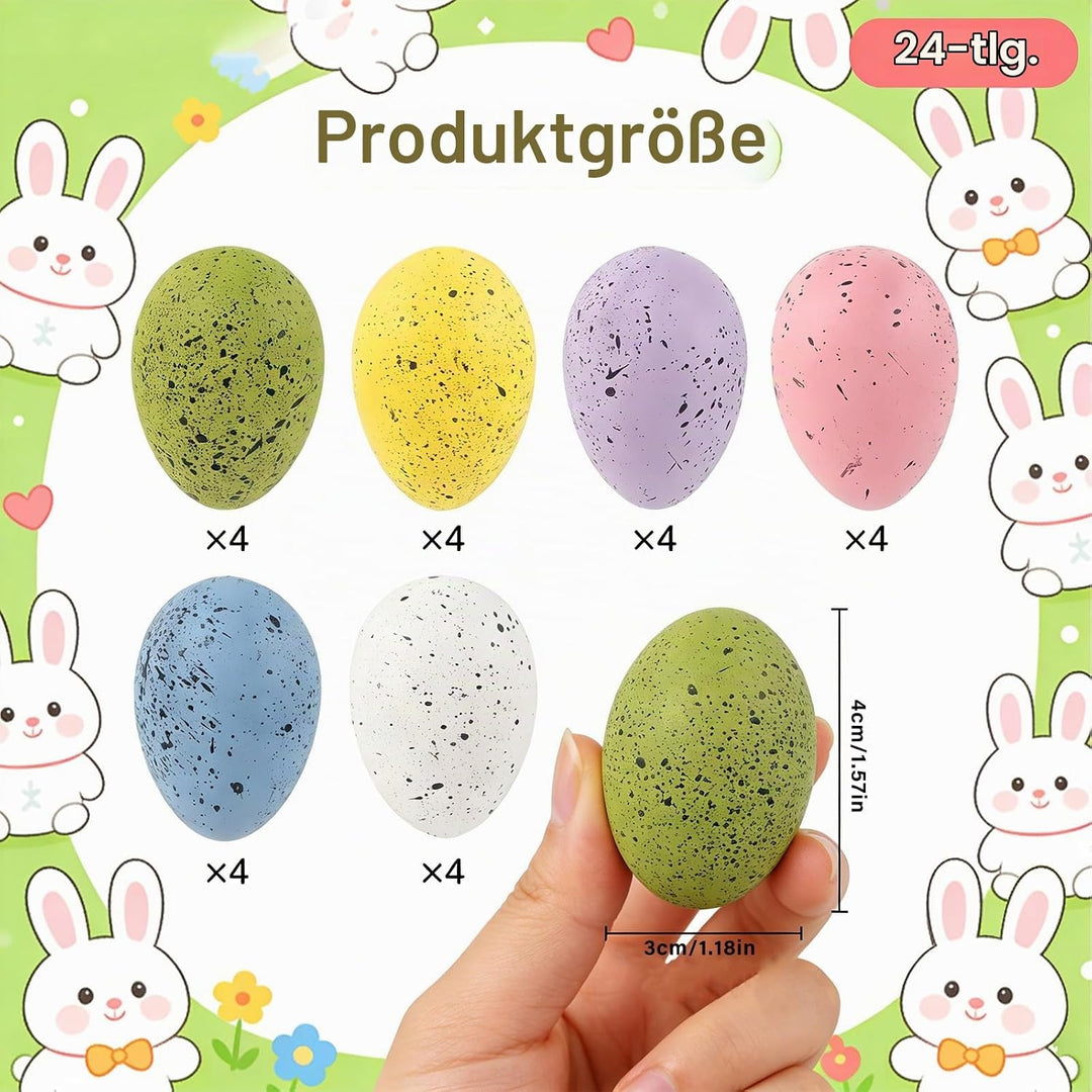 Ostern Deko 24Stück Ostereier zum Aufhängen - Brechfeste Aufhängung Ostereier Deco mit Grünem Raffie