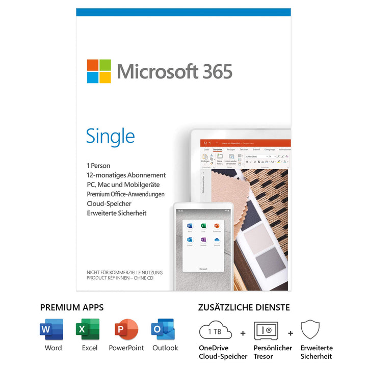 Microsoft 365 Single | 1 Nutzer | Mehrere PCs/Macs, Tablets und mobile Geräte | 1 Jahresabonnement |