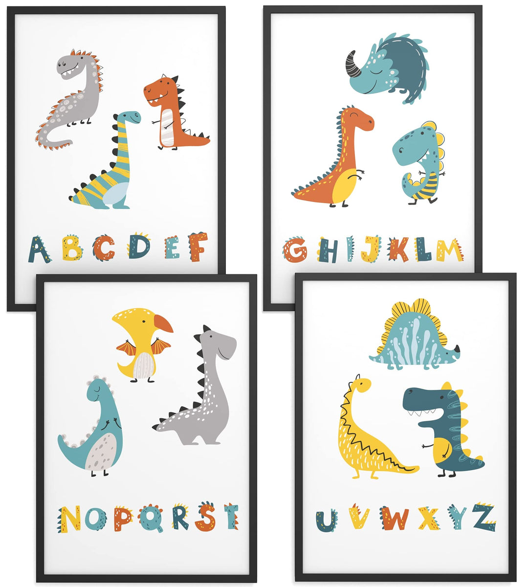 Papierschmiede® Kinderbilder 4er Set, A4 gerahmt in Holzrahmen (schwarz), Geschenk für Jungen Wandde
