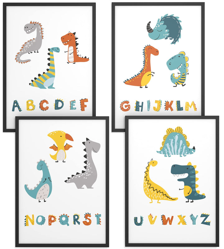 Papierschmiede® Kinderbilder 4er Set, A4 gerahmt in Holzrahmen (schwarz), Geschenk für Jungen Wandde