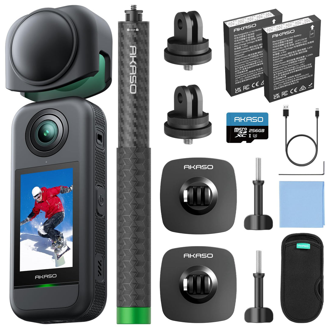 AKASO 360° Action Cam Ski-Set - 5.7K 72MP 360 Grad Actionkamera mit 256GB Speicherkarte Duale 1/2" 4