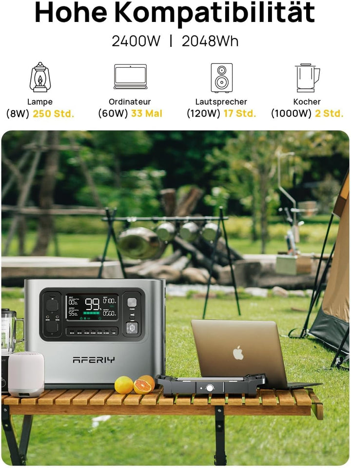 AFERIY 2400W2048Wh Tragbare Powerstation, 1,5Std Schnellladung, für Camping | Silber Solargenerator,