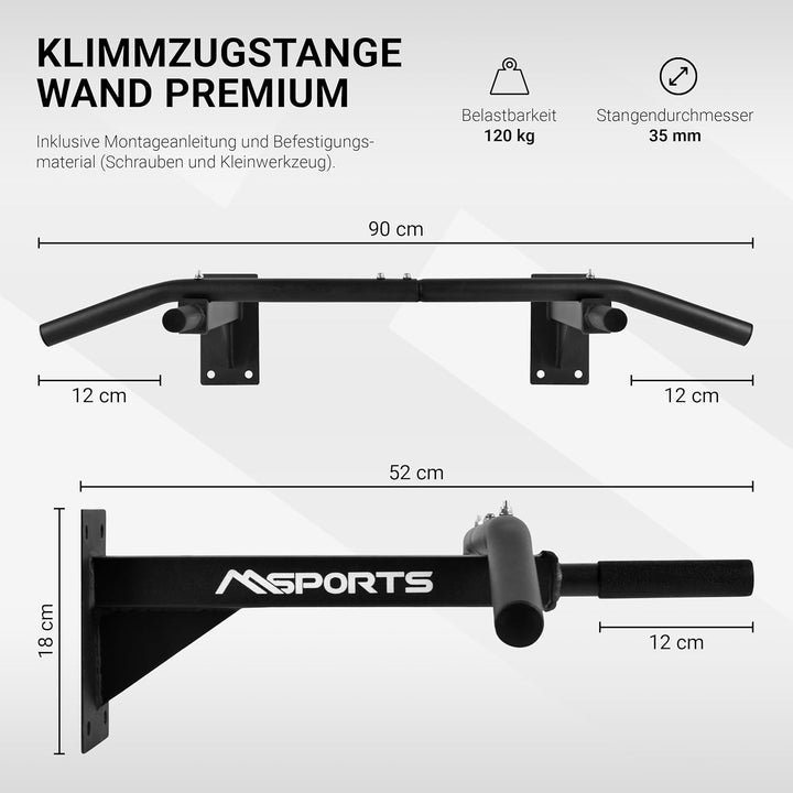 MSPORTS Klimmzugstange für Wandmontage inkl. Montageanleitung und - Zubehör | Reckstange