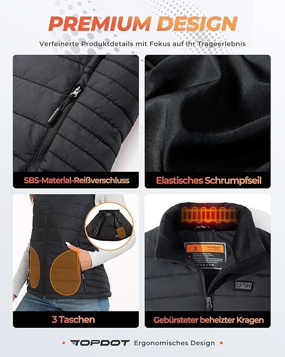 Topdot Beheizbare Weste Damen mit Powerbank 7.4V 16000mAh, 8 Heizzonen, Heizweste mit 3 Temperaturst