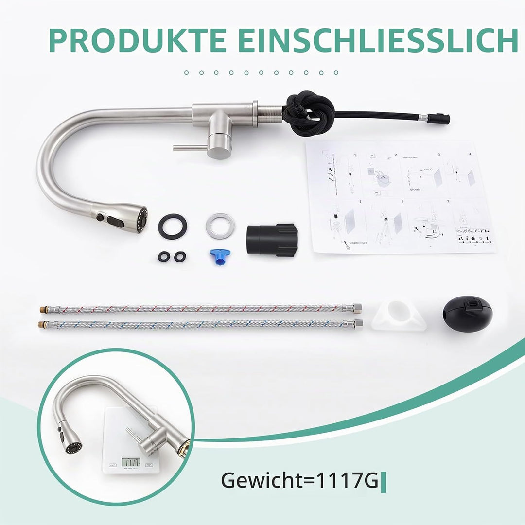 CREA Hochdruck Wasserhahnküche, Küchenarmatur mit 3 Funktionen Brause, Mischbatterie, Ausziehbar, 36