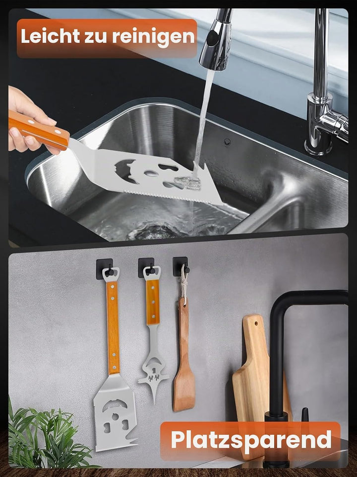 Landrip 2 Stück Grillspachtel für Barbecue, 8 in 1 Grillbesteck mit Holzgriff, EdelstahI, Multifunkt