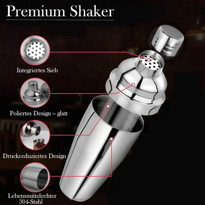 Cocktail Shaker Set, Edelstahl Cocktail Set mit Zubehör & Rezeptkarten, 750ml Barkeeper Set für Zuha