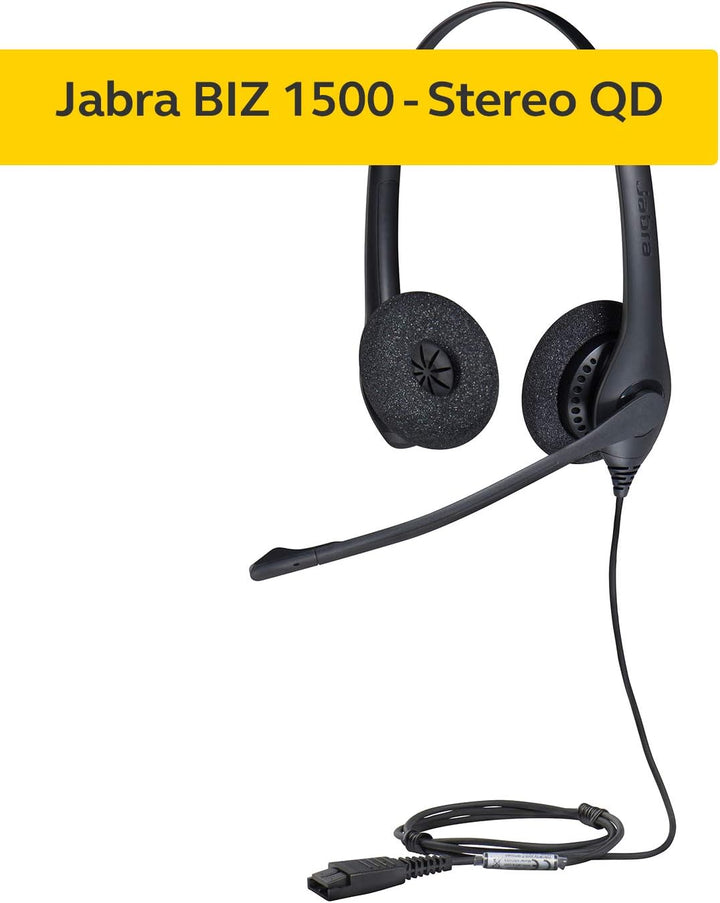 Jabra Biz 1500 Quick Disconnect On-Ear Stereo Headset - Corded Headphone with Noise-cancelling Micro