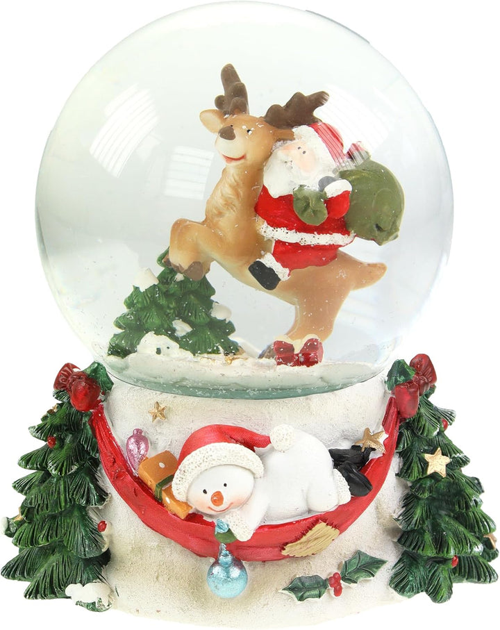 Schneekugel/Spieluhr 100mm mit Weihnachtsmann/Rentier– 14,5 cm Höhe, Mit Schneeflocken-Effekt und We