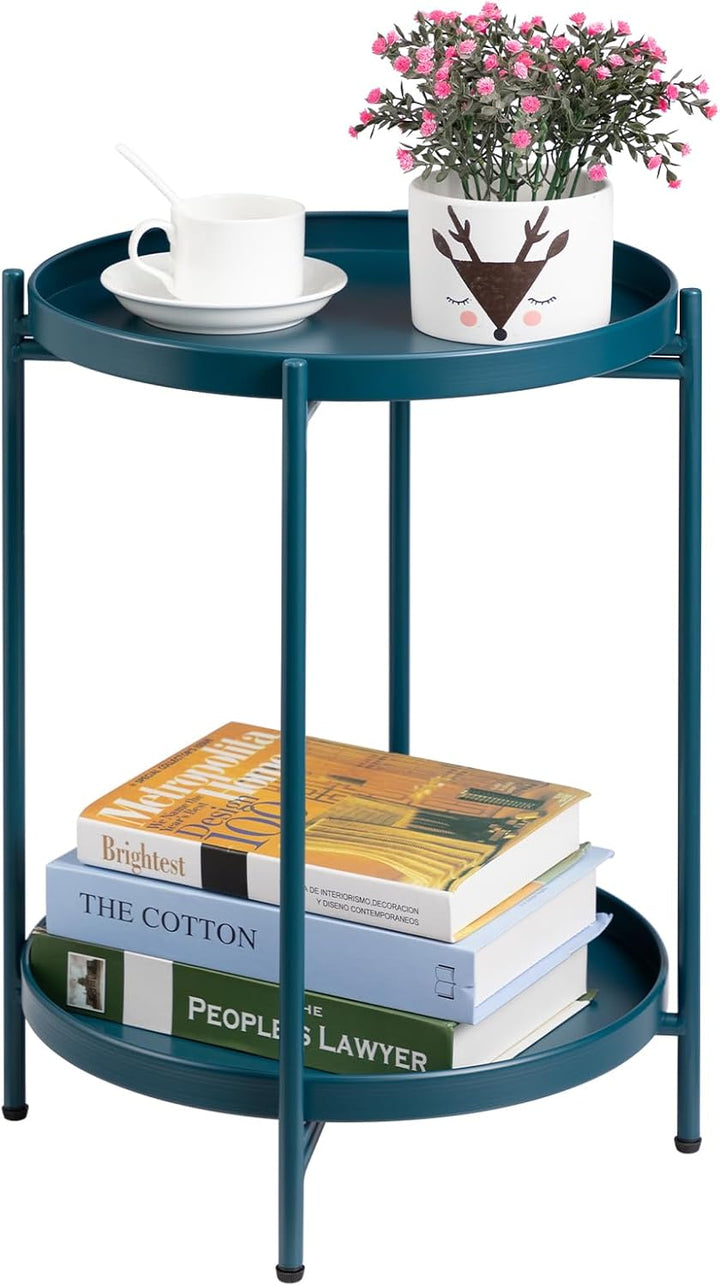 HollyHOME Runder Beistelltisch, 2 Ebenen Beistelltisch Metalltablett, Snacktisch, Couchtisch, Teetis