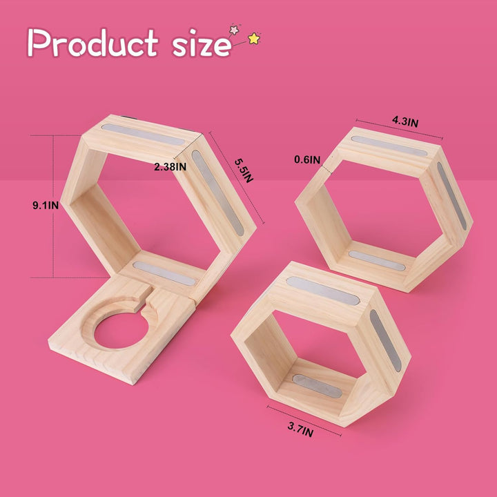 Tonie Shellf Hexagon for Toniebox Starter Tonie Shelf Wall Mounted Set of 3, Magnetic Wooden Floatin