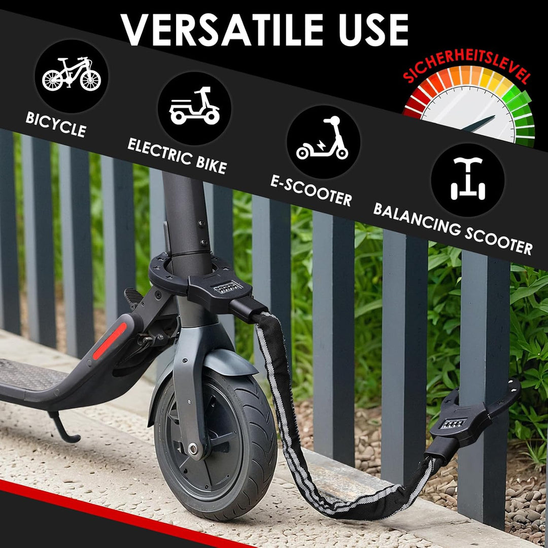 E Scooter Schloss mit Zahlencode, Zahlenschloss für E Scooter, 8mm-Kettenglied Handschellenschloss,