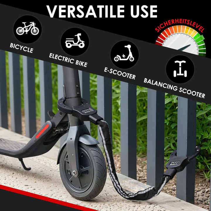 E Scooter Schloss mit Zahlencode, Zahlenschloss für E Scooter, 8mm-Kettenglied Handschellenschloss,