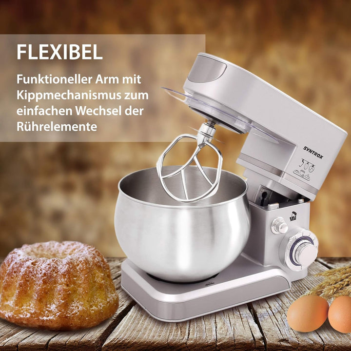 Syntrox Germany KM-5.0L Basic Silver Küchenmaschine Knetmaschine, Edelstahl-Behälter, 5 Liter, silbe