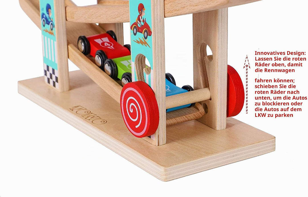 Towo Reines Holz Car Rampe - Zick-Zack-Auto-Rutschbahn mit 4 Holzautos Spielsets-Click Clack Track H