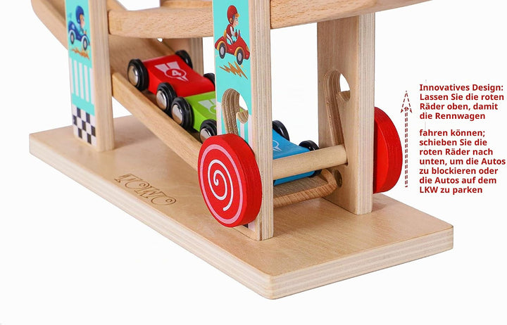 Towo Reines Holz Car Rampe - Zick-Zack-Auto-Rutschbahn mit 4 Holzautos Spielsets-Click Clack Track H