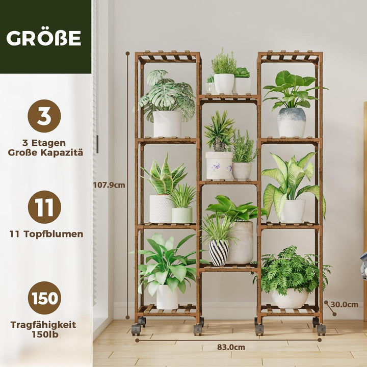 Bamworld Pflanzenständer mit Rädern Indoor Outdoor Regale Halter für Wohnzimmer Rack Mehrere Pflanze
