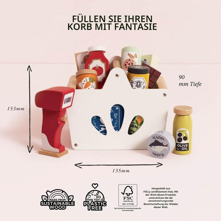 Le Toy Van - TV326 - Einkaufskorb- und Scanner-Lernspiel aus Holz, für Kinder ab 2 Jahren, 13 Zubehö