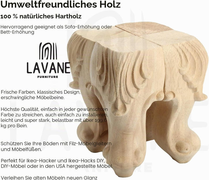 La Vane 4 Stück Massivholz Möbelfüsse 10cm (4 Zoll) - Europäischer Stil Handgeschnitzte Tischbeine,