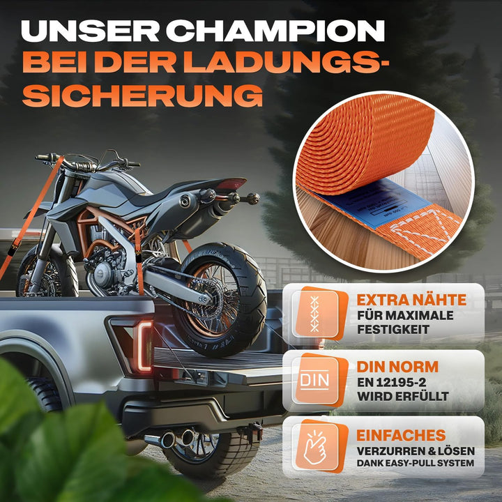 MEISTERBAU - [TÜV geprüft] Spanngurte mit Ratsche [+ 2 Spanngummis] - 1000kg Kapazität - 6m lang und