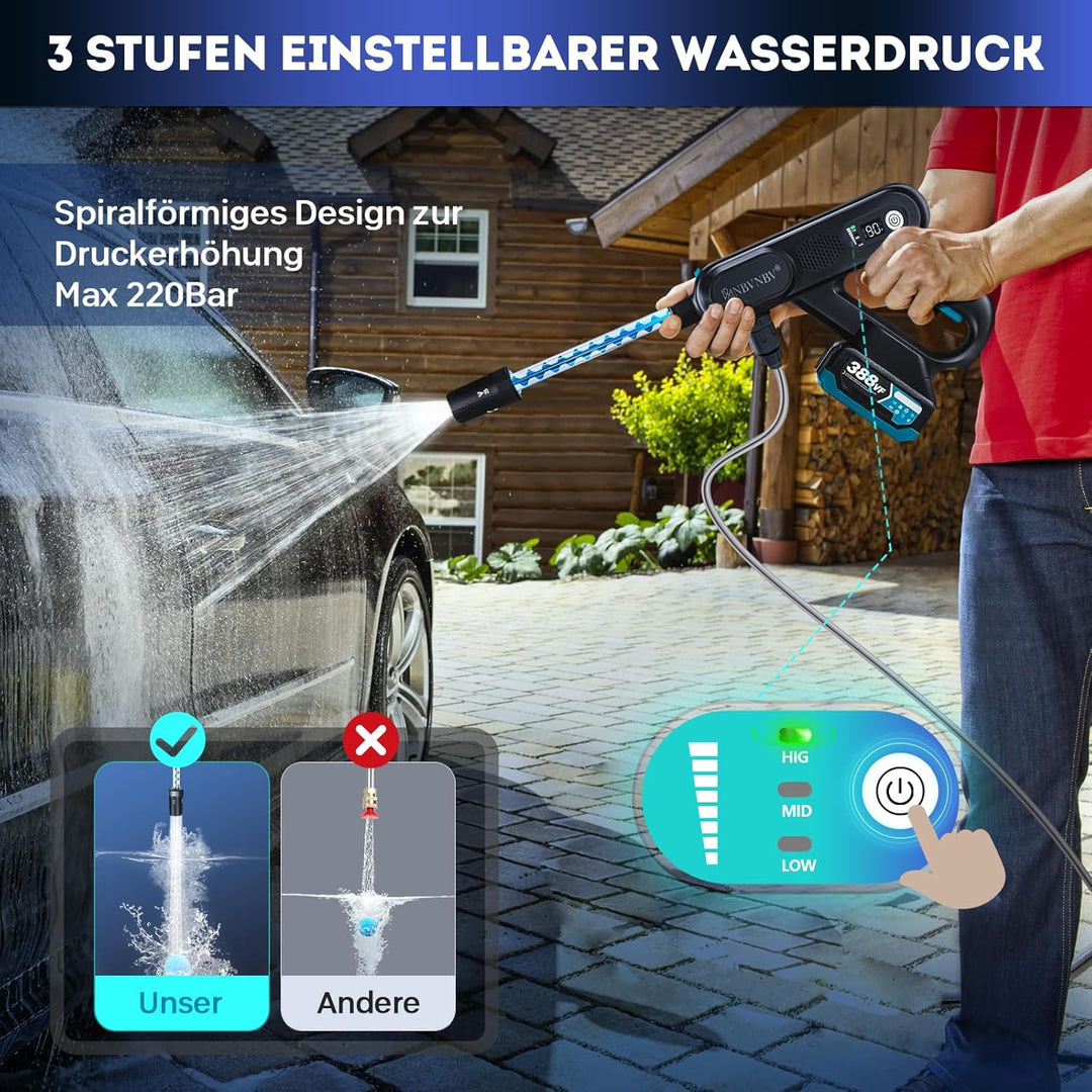 Akku Hochdruckreiniger für Makita 18V Akku, 3-Stufiger Max 220 Bar | 5-IN-1Spirale Druck Erhöhen Düs
