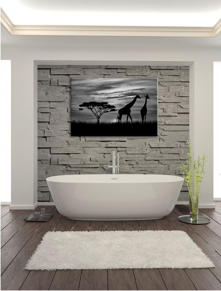 Pixxprint Monocrome, Afrika Giraffen im Sonnenuntergang, Format: 100x70 auf Leinwand, XXL riesige Bi