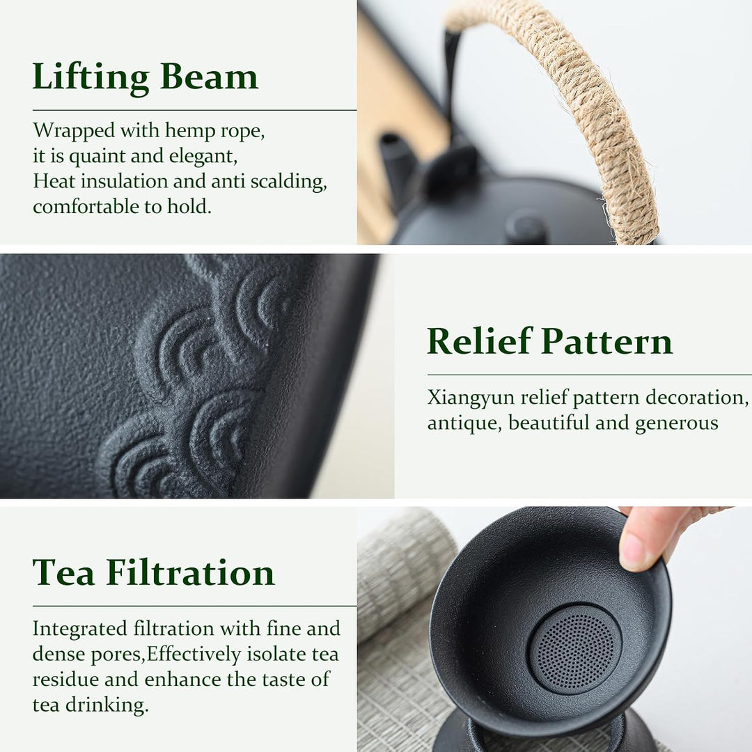 Tee-Set 14-teilig, Keramik schwarz, mit Kanne, 6 Tassen und Tablett | Japanisches Kung-Fu-Design. Tr