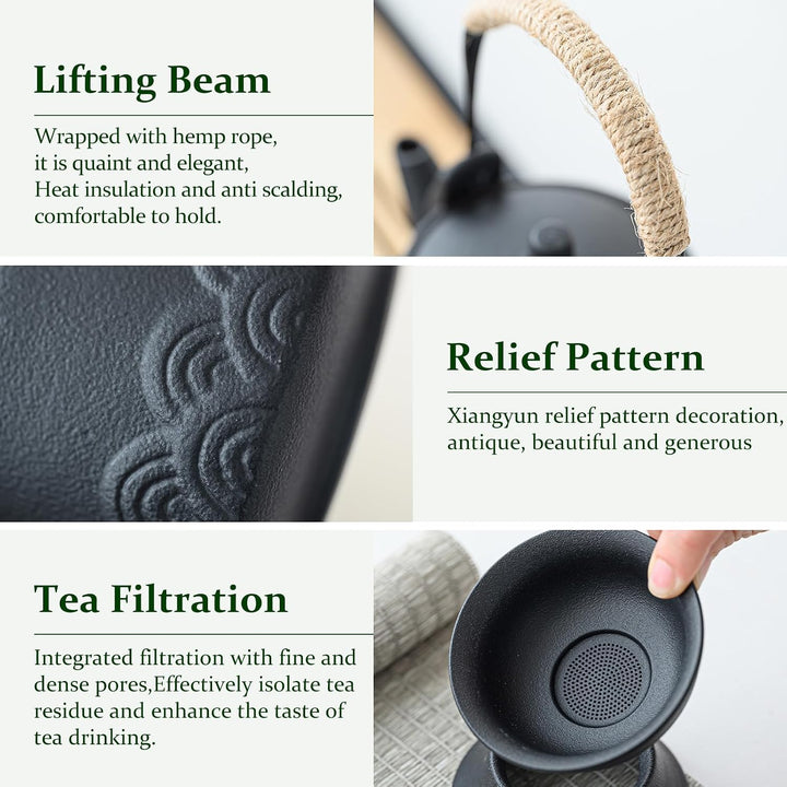 Tee-Set 14-teilig, Keramik schwarz, mit Kanne, 6 Tassen und Tablett | Japanisches Kung-Fu-Design. Tr