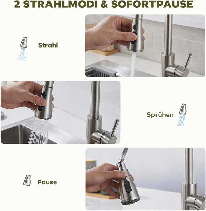 Küchenarmatur mit 3 Modi, Ausziehbare Spülbrause, 360° Schwenkbar, Edelstahl Hochdruck-Wasserhahn mi