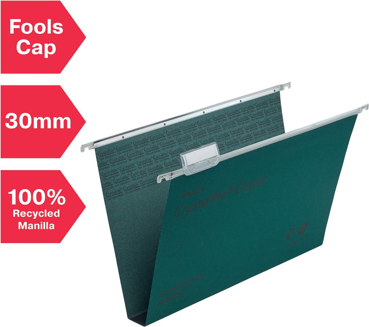 Rexel CrystalFile Classic Hängemappen (Manila-Karton, 30 mm Boden, Format Foolscap) 50 Stück grün