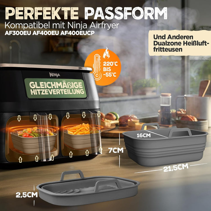 Silikonform Faltbar 2x Set Zubehör für Ninja AF400 AF451 Foodi Max, Dual Zone Airfryer, Heissluftfri