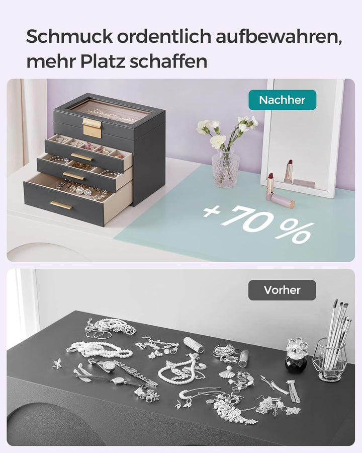 SONGMICS Schmuckkästchen, Schmuckkasten mit 4 Ebenen, Schmuckbox mit Glasdeckel, 3 Schubladen, für S